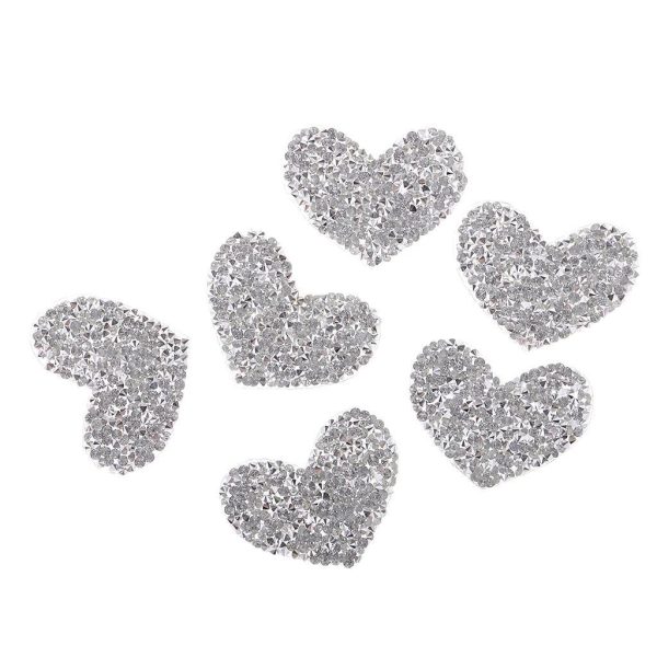 Maxbell 6Pcs Silver Beaded Love Heart Crystal Rhinestone Clear Applique Sew Iron On Fashion