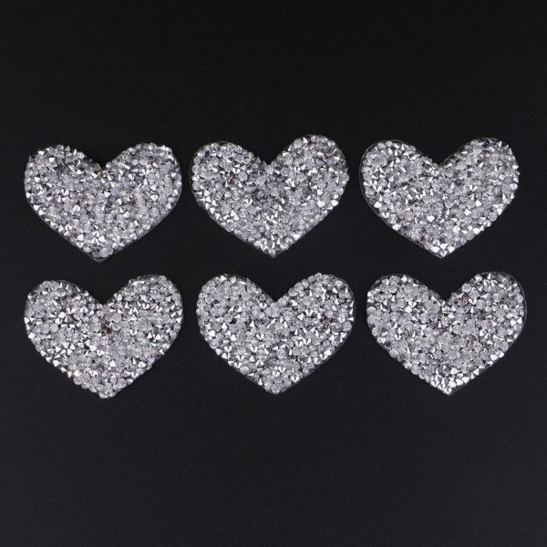 Maxbell 6Pcs Silver Beaded Love Heart Crystal Rhinestone Clear Applique Sew Iron On Fashion